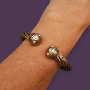 Vintage Silvertone Twisted Metal Cable Ball Open Cuff Bracelet